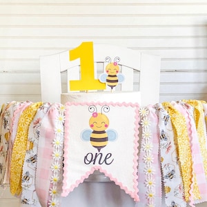 Pink Honey Bee Daisy Birthday High Chair Honey Bee Tutu, Fabric Banner, Cake Topper, High Chair Banner, 1st Birthday Cake Smash,