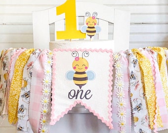 Pink Honey Bee Daisy Birthday High Chair Honey Bee Tutu, Fabric Banner, Cake Topper, High Chair Banner, 1st Birthday Cake Smash,