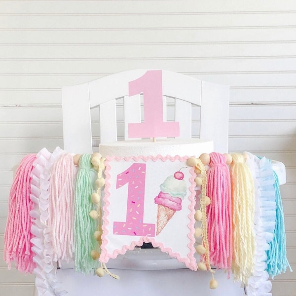 Ice Cream Birthday High Chair Yarn Tassel Banner, High Chair Banner, Cake Smash Backdrop Banner, First Birthday, Cake Topper, Cake Topper