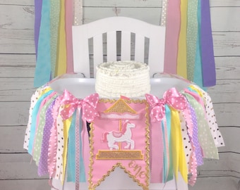 Carnival Carousel Birthday High Chair Banner, Photo Prop, Can Do Custom Themes, High Chair Banner, 1st Birthday Cake Smash, Pastel