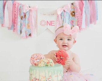 Donut 1st Birthday High Chair Birthday Banner, 1st Birthday High Chair Banner, Pink and High Chair Tutu, Pink and Aqua, Donut Party