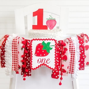 Pink Red Strawberry Picnic Birthday High Chair Fabric Banner, Can Do Custom Themes, High Chair Banner, 1st Birthday Cake Smash, Cake Topper