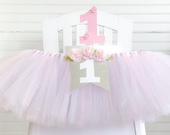 Pink and Silver Floral 1st Birthday High Chair Tulle Tutu, Princess Party, High Chair Banner, Cake Smash, ONE Banner, Cake Topper