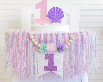 Mermaid Iridescent Under the Sea Beaded Floral 1st Birthday High Chair Yarn Tassel Banner, High Chair Banner, Cake Smash, First Birthday