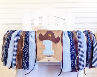 Cowboy 1st Birthday High Chair Banner, Party Fabric Banner, Cake Smash Banner, Blue Brown, Rodeo Banner, Backdrop Garland