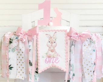 Floral Bunny 1st Birthday High Chair Banner, Fabric Banner, Cake Smash Banner, Cake Topper