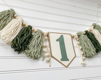 Green Sage Ivory Tan 1st Birthday Boy High Chair Yarn Tassel Banner, High Chair Banner, Cake Smash Backdrop Banner, First Birthday