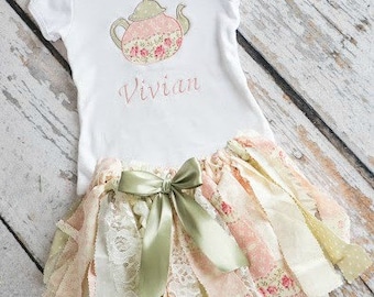 Tea Party 1st Birthday Fabric Tutu Outfit With Matching Headband, Teapot Birthday Outfit