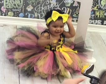 Pink Bumble Bee Birthday Tutu Dress, Pink Black and Yellow 1st Birthday Dress,