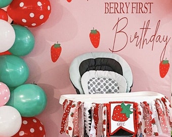 Pink Red Strawberry Picnic Birthday High Chair Fabric Banner, Can Do Custom Themes, High Chair Banner, 1st Birthday Cake Smash, Cake Topper