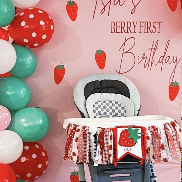 Pink Red Strawberry Picnic Birthday High Chair Fabric Banner, Can Do Custom Themes, High Chair Banner, 1st Birthday Cake Smash, Cake Topper