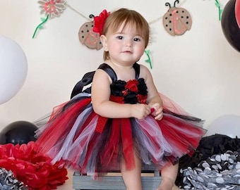 Ladybug Birthday Tutu Dress, Black and Red 1st Birthday Dress, Ladybug Outfit