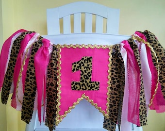 Hot Pink Leopard Birthday High Chair Banner, Jungle Banner, Zoo Banner, Animal Print, High Chair Banner, 1st Birthday Cake Smash