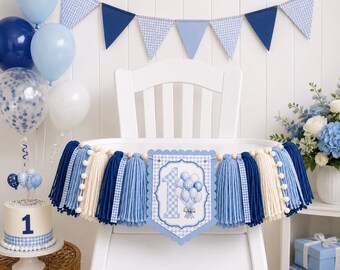 Preppy Balloon Gingham 1st Birthday Boy High Chair Yarn Tassel Banner, High Chair Banner, Cake Smash Backdrop Banner, First Birthday