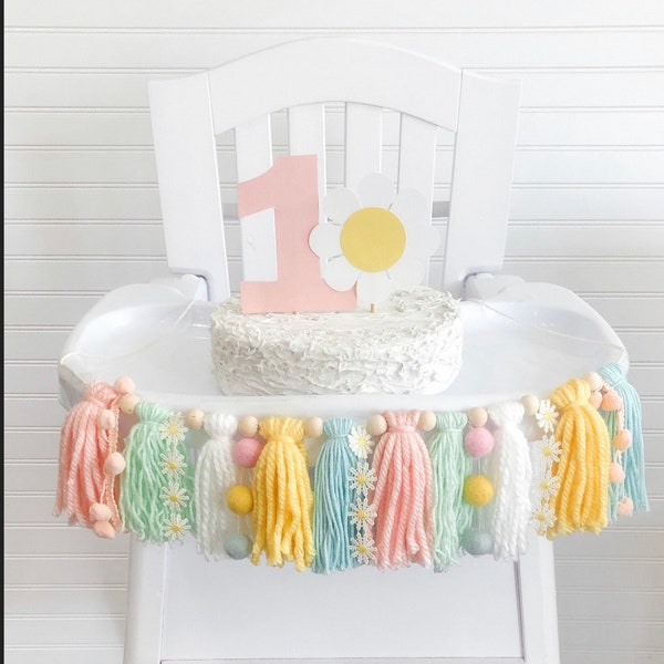 Boho Daisy Birthday High Chair Yarn Tassel Banner, High Chair Banner, Cake Smash Backdrop Banner, First Birthday