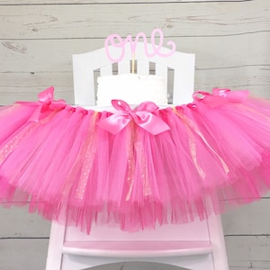 Hot Pink, Pink and Gold Sparkle Birthday High Chair Tulle Tutu, High Chair Banner, HighChair Tutu, 1st Birthday, Photo Prop, Cake Smash
