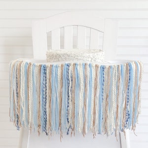 Blue Cream Tan Boho Birthday High Chair Yarn Tassel Banner, High Chair Banner, Cake Smash Backdrop Banner, First Birthday