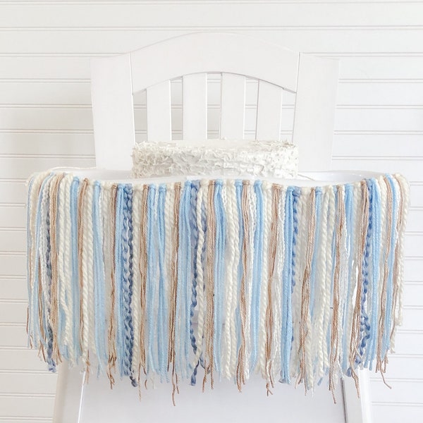 Blue Cream Tan Boho Birthday High Chair Yarn Tassel Banner, High Chair Banner, Cake Smash Backdrop Banner, First Birthday