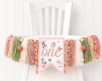 Boho Fairy Garden Wildflower Birthday High Chair Yarn Tassel Banner, High Chair Banner, Cake Smash Backdrop Banner, First Birthday