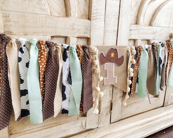 Cowboy Rodeo 1st Birthday High Chair Banner, Party Fabric Banner, Cake Smash Banner, Blue Brown, Rodeo Banner, Backdrop Garland