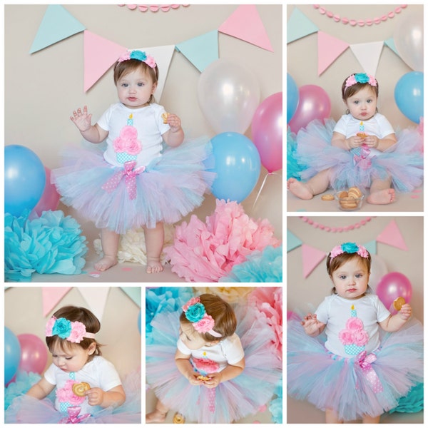 3D Cupcake 1st Birthday Tutu Outfit, Cotton Candy Birthday Outfit