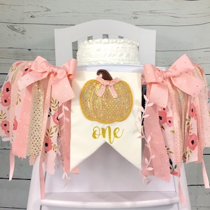 Peach Pink Floral Pumpkin High Chair Banner, Pumpkin Patch, Autumn Fall HighChair Banner, 1st Birthday, Cake Smash Banner, Peach, Pink, Gold
