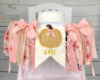 Peach Pink Floral Pumpkin High Chair Banner, Pumpkin Patch, Autumn Fall HighChair Banner, 1st Birthday, Cake Smash Banner, Peach, Pink, Gold