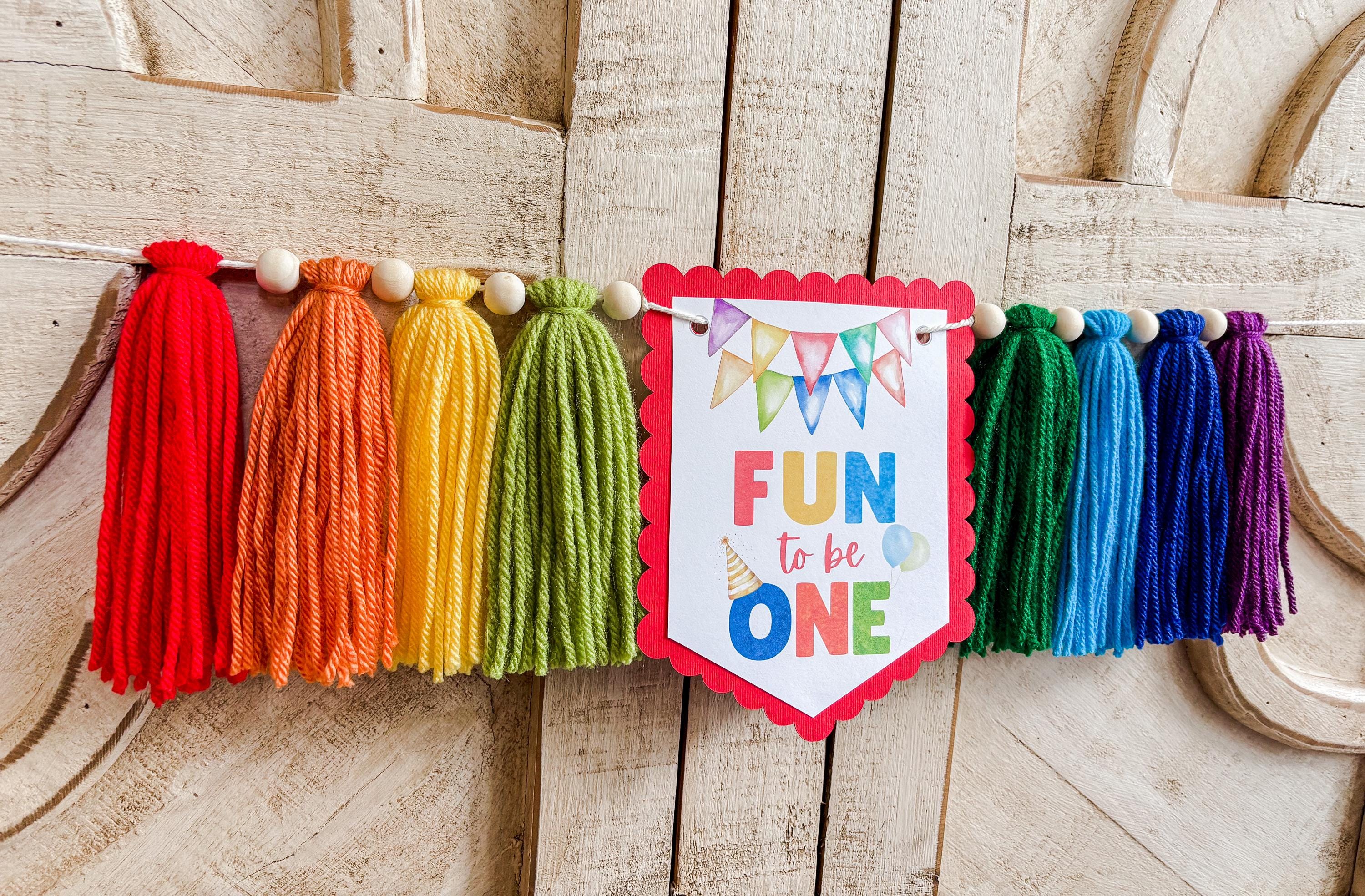 Fun to Be One Bright Colorful Birthday High Chair Yarn Tassel Felt Ball ...