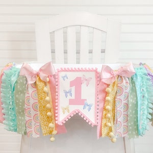 Pastel Rainbow Butterfly 1st Birthday High Chair Banner, Spring Banner, First Birthday, Can Be Used As Wall Banner, Cake Smash