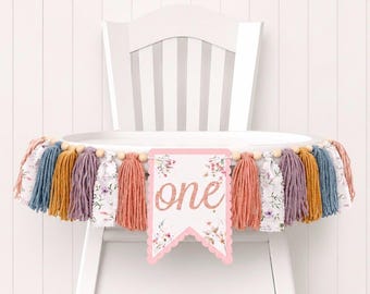 Boho Wildflower Birthday High Chair Yarn Tassel Banner, High Chair Banner, Cake Smash Backdrop Banner, First Birthday