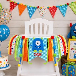 Monster 1st Birthday High Chair Banner, Boy Highchair Banner, Cake Smash Banner, Wall Garland, Birthday Decor, Monthly Banner, Centerpiece