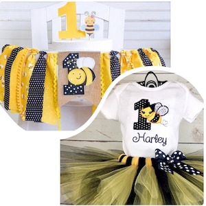 Bumble Bee 1st Birthday Tutu, BeeDay, Cake Smash Outfit, Wall Banner, Birthday Package, High Chair Tutu, HighChair Banner
