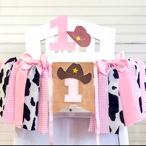 Cowgirl 1st Birthday High Chair Banner, Party Fabric Banner, Cake Smash Banner, Pink, Rodeo Banner, Backdrop Garland