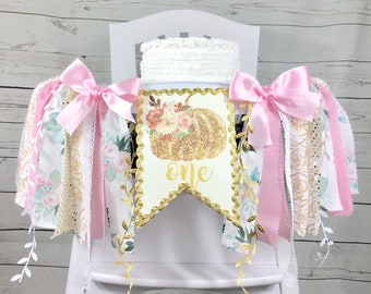 Pink Gold Pumpkin High Chair Banner - 1st Birthday Girl Halloween Photo Prop Decorations