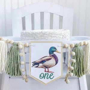 Duck Green Sage Ivory Tan 1st Birthday Boy High Chair Yarn Tassel Banner, High Chair Banner, Cake Smash Backdrop Banner, First Birthday