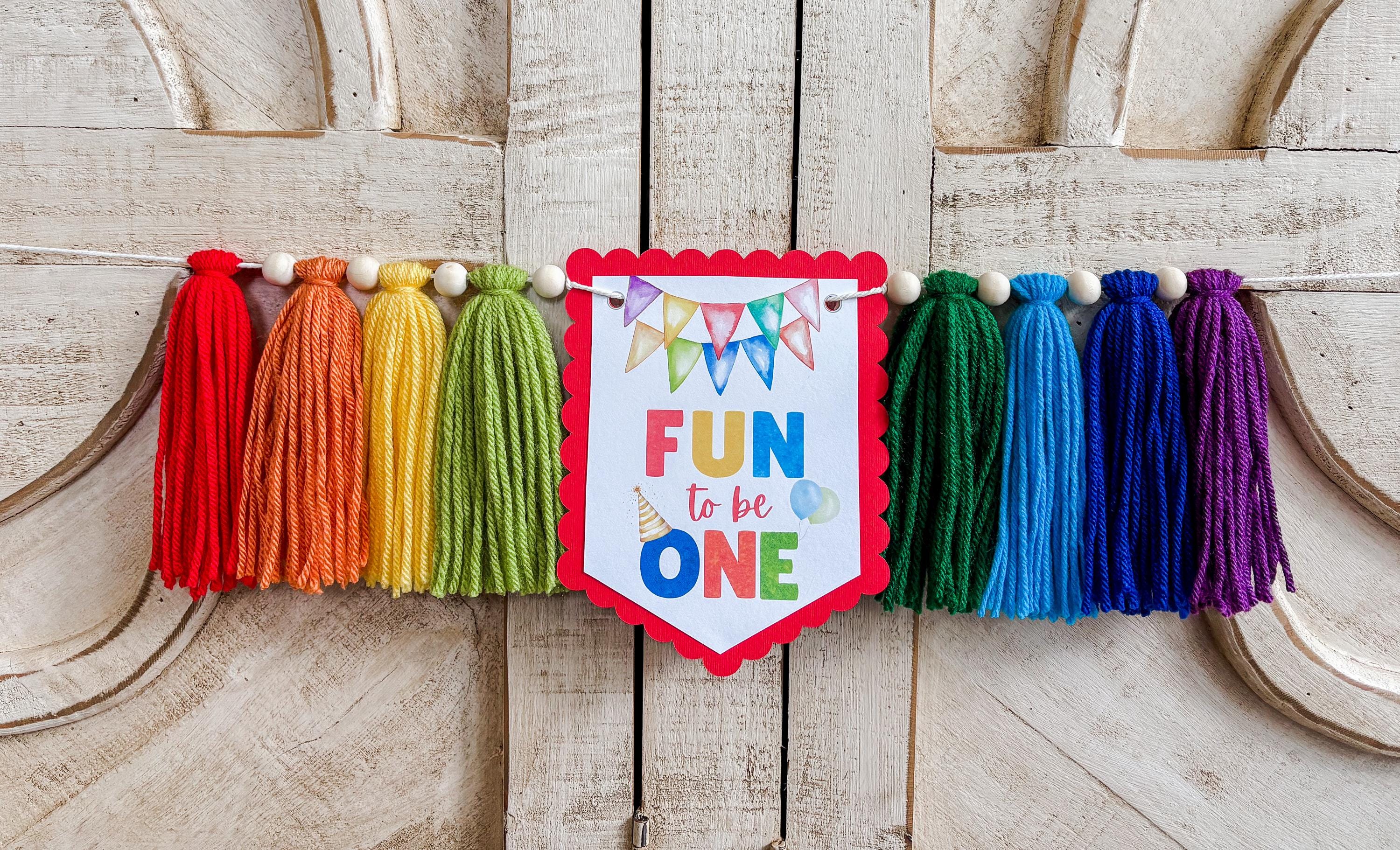 Fun to Be One Bright Colorful Birthday High Chair Yarn Tassel Felt Ball ...