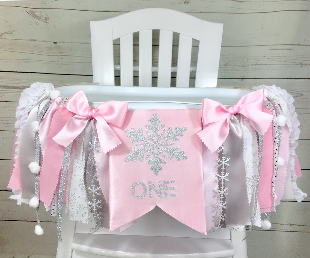 Winter Onederland High Chair Banner – Snowflake Glitter & Pink Tulle 1st Birthday Decor