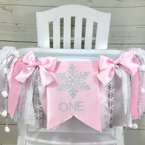 Winter ONEderland Fabric High Chair Tutu, Pink ONEderland HighChair Banner, Garland, Ice Princess Party, Snowflake Banner, Pink Silver
