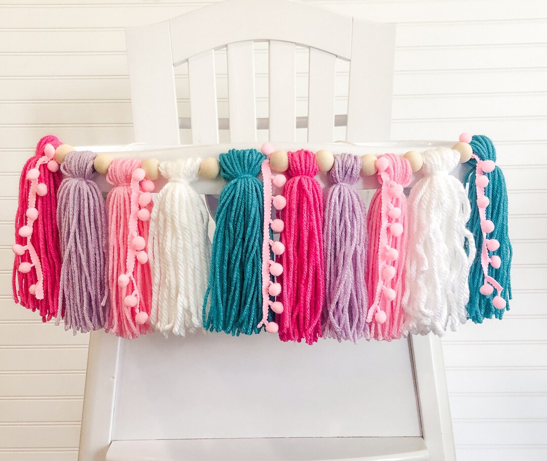 Girl Dinosaur Birthday High Chair Yarn Tassel Banner, High Chair Banner