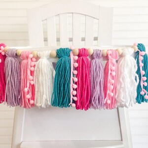 Girl Dinosaur Birthday High Chair Yarn Tassel Banner, High Chair Banner, Cake Smash Backdrop Banner, First Birthday,