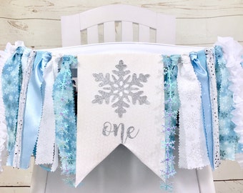 Winter ONEderland Fabric High Chair Tutu, Blue ONEderland HighChair Banner, Snowflake Fabric Wall Garland, Ice Princess Party,
