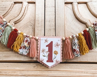 Boho Wildflower Birthday High Chair Yarn Tassel Banner, High Chair Banner, Cake Smash Backdrop Banner, First Birthday