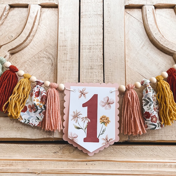 Boho Wildflower Birthday High Chair Yarn Tassel Banner, High Chair Banner, Cake Smash Backdrop Banner, First Birthday