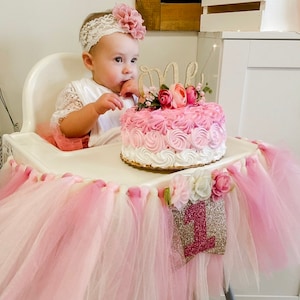 Rose Gold and Pink Floral 1st Birthday High Chair Tulle Tutu, Princess Party, High Chair Banner, Cake Smash, High Chair ONE Banner
