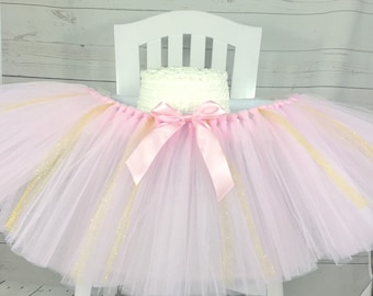 Pink and Gold High Chair Tulle Tutu, 1st Birthday Highchair Tutu, High Chair Banner, Cake Smash Banner