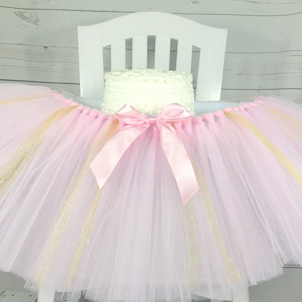 Pink and Gold High Chair Tulle Tutu, 1st Birthday Highchair Tutu, High Chair Banner, Cake Smash Banner