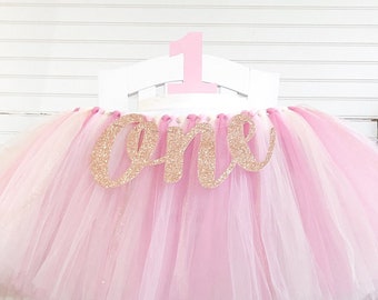 Rose Gold and Pink 1st Birthday High Chair Tulle Tutu, Princess Party, High Chair Banner, Cake Smash, High Chair ONE Banner