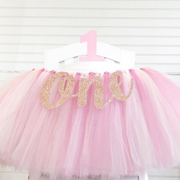 Rose Gold and Pink 1st Birthday High Chair Tulle Tutu, Princess Party, High Chair Banner, Cake Smash, High Chair ONE Banner