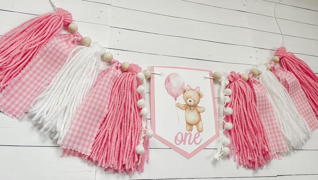 Bear Pink Balloon Beary 1st Birthday High Chair Yarn Tassel Banner ...