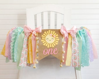Our Little Sunshine Is ONE Pastel Rainbow Sun Sunshine 1st Birthday High Chair Banner,  High Chair Banner, 1st Birthday Cake Smash